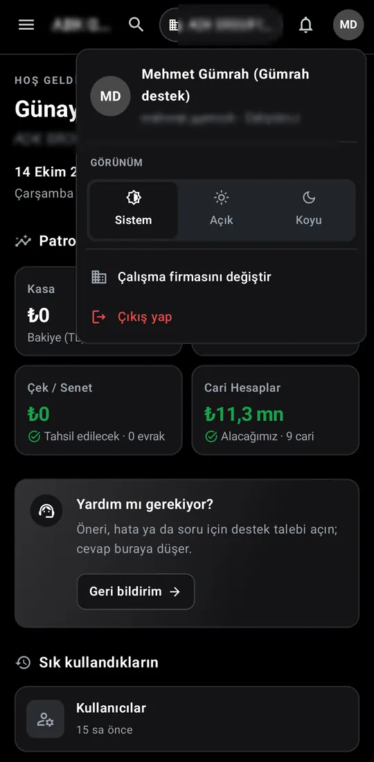 Gümrah Saha — Account menu screenshot