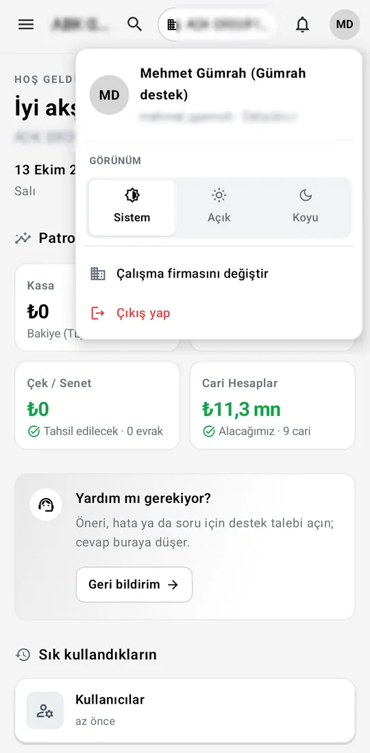 Gümrah Saha — Account menu screenshot