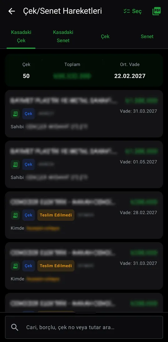 Tekno Sales — Cheque & Note Movements screenshot