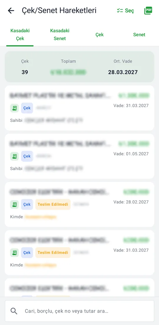 Tekno Sales — Cheque & Note Movements screenshot