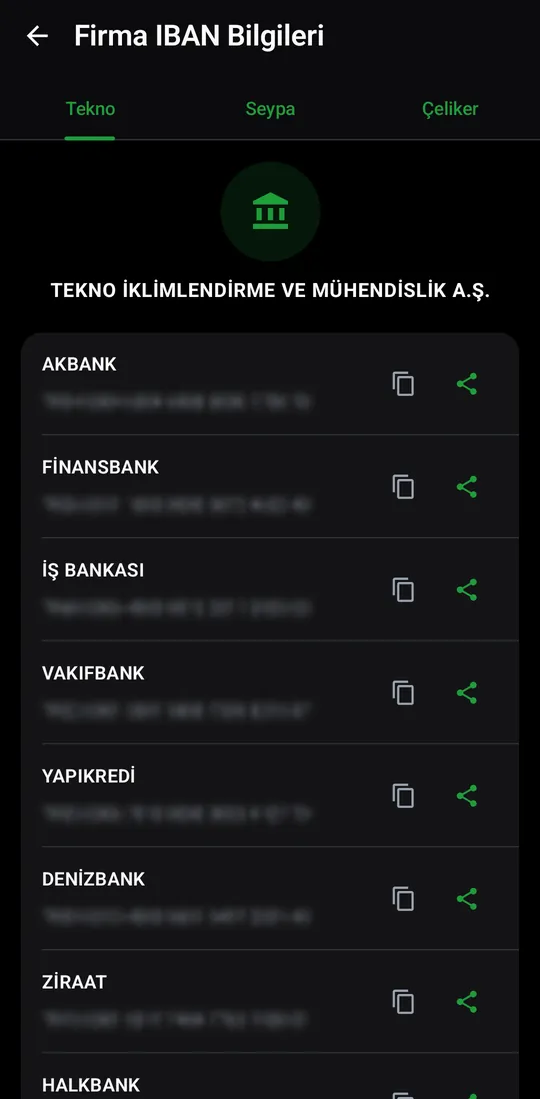 Tekno Sales — IBAN Details screenshot